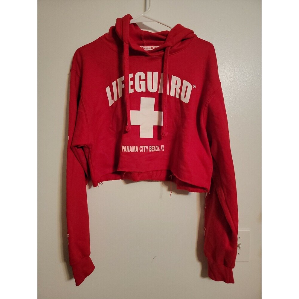 Red Lifeguard Hooded Hoodie Sweatshirt Crop Top Women’s Size Large